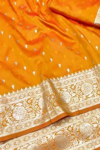 Orange zari woven silk traditional saree with blouse piece