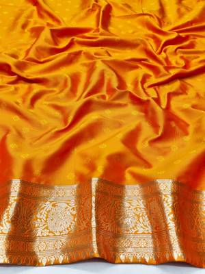 Orange zari woven silk traditional saree with blouse piece 4