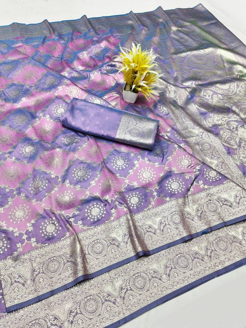 Purple zari woven silk traditional saree with blouse piece