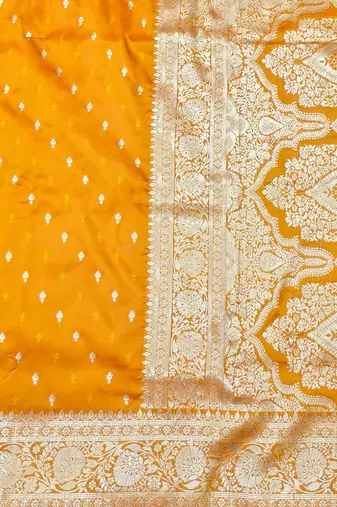 Orange zari woven silk traditional saree with blouse piece