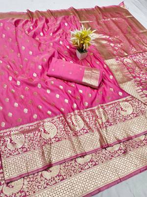 Pink zari woven silk traditional saree with blouse piece 1