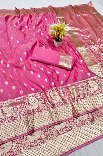 Pink zari woven banarasi silk traditional saree with blouse piece
