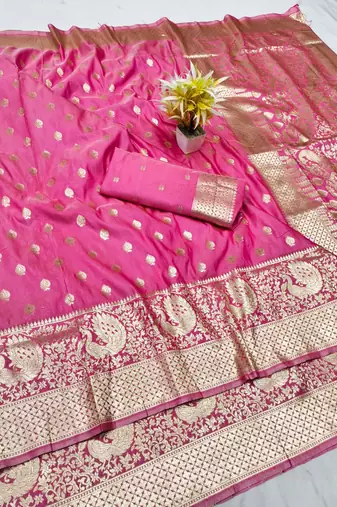 Pink zari woven silk traditional saree with blouse piece