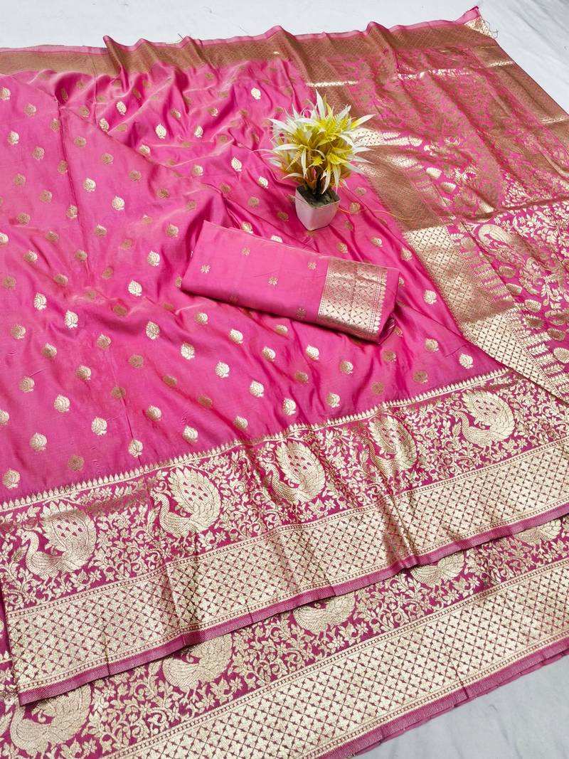 Pink zari woven banarasi silk traditional saree with blouse piece