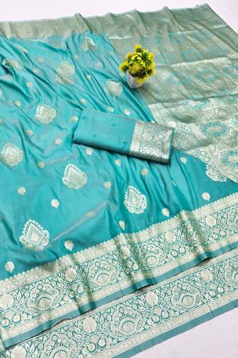 Light blue zari woven silk traditional saree with blouse piece