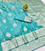 Light blue zari woven banarasi silk traditional saree with blouse piece