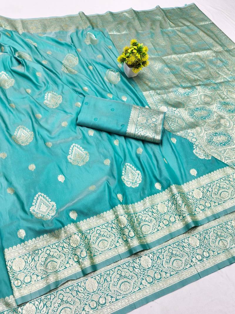 Light blue zari woven banarasi silk traditional saree with blouse piece
