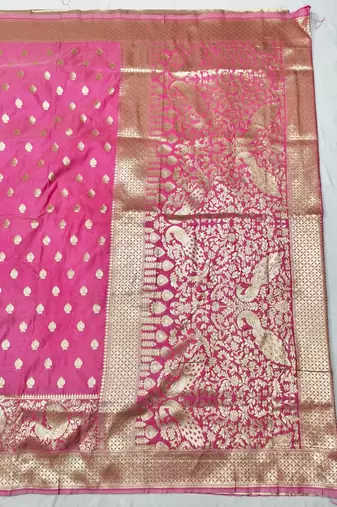 Pink zari woven silk traditional saree with blouse piece