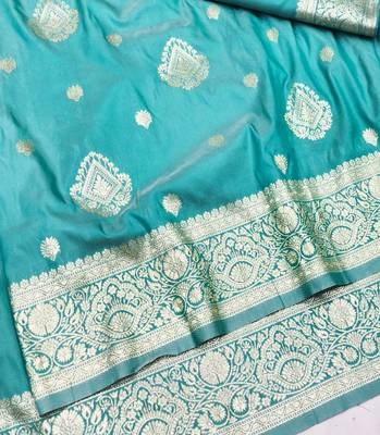 Light blue zari woven silk traditional saree with blouse piece 3