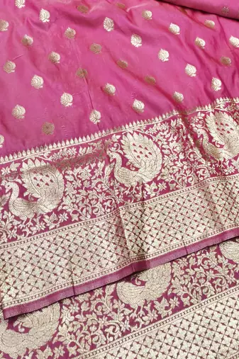 Pink zari woven silk traditional saree with blouse piece