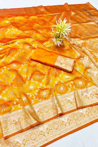 Orange zari woven silk traditional saree with blouse piece