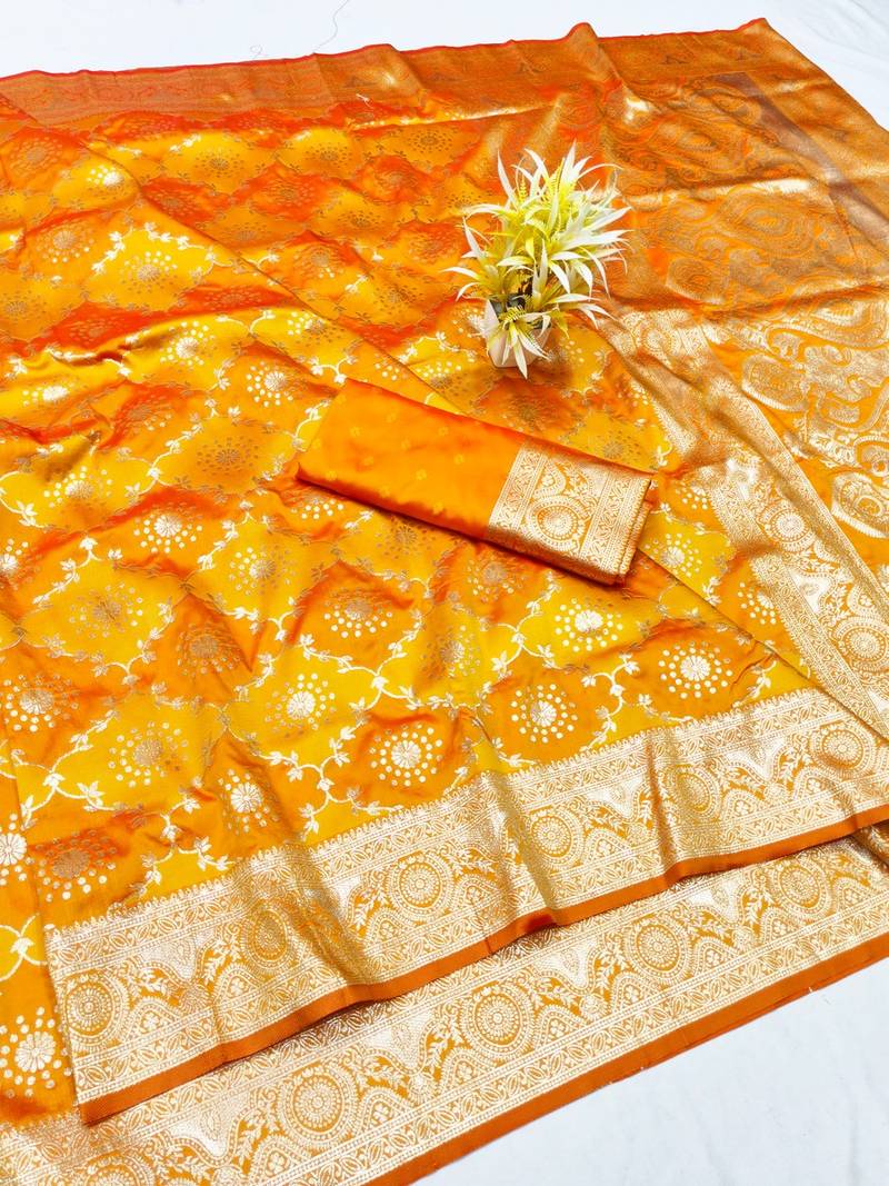 Orange zari woven silk traditional saree with blouse piece