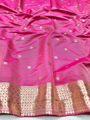 Pink zari woven silk traditional saree with blouse piece 4