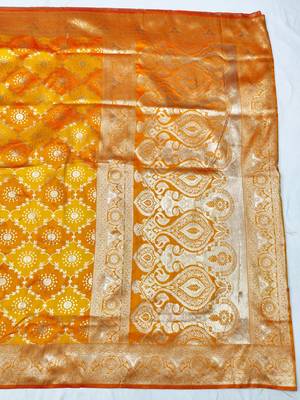 Orange zari woven silk traditional saree with blouse piece 2