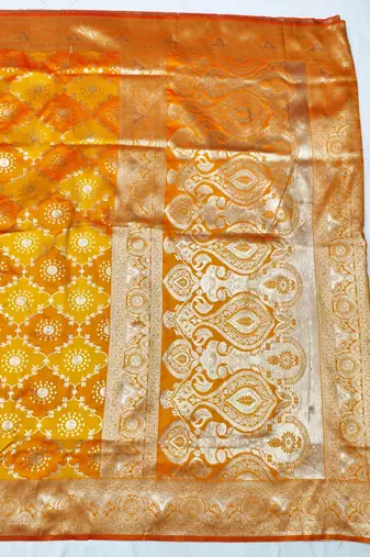 Orange zari woven silk traditional saree with blouse piece