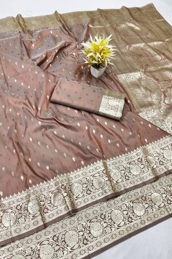 Coffee zari woven silk traditional saree with blouse piece