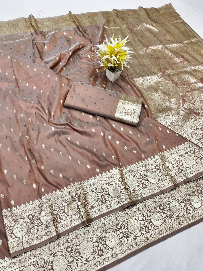 Coffee zari woven banarasi silk traditional saree with blouse piece