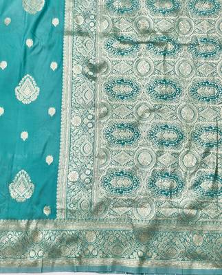 Light blue zari woven silk traditional saree with blouse piece 5