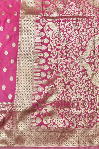 Pink zari woven silk traditional saree with blouse piece