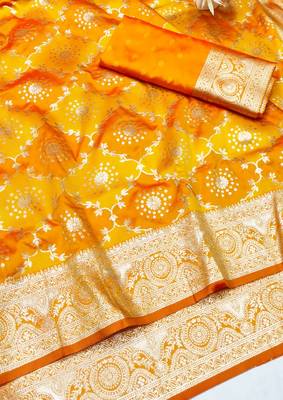 Orange zari woven silk traditional saree with blouse piece 3