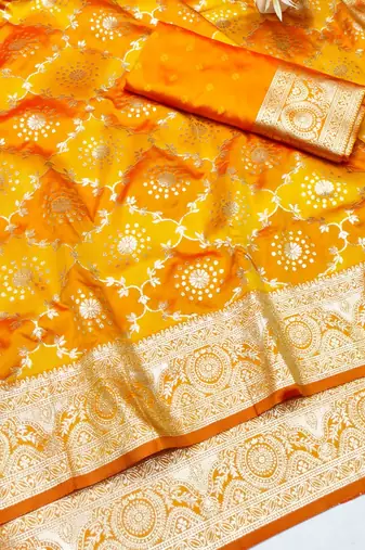 Orange zari woven silk traditional saree with blouse piece
