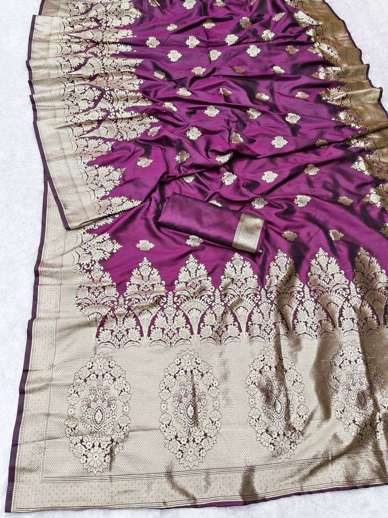 Wine zari woven banarasi silk traditional saree with blouse piece