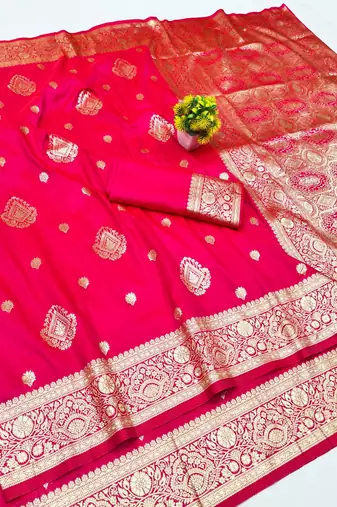 Pink zari woven silk traditional saree with blouse piece