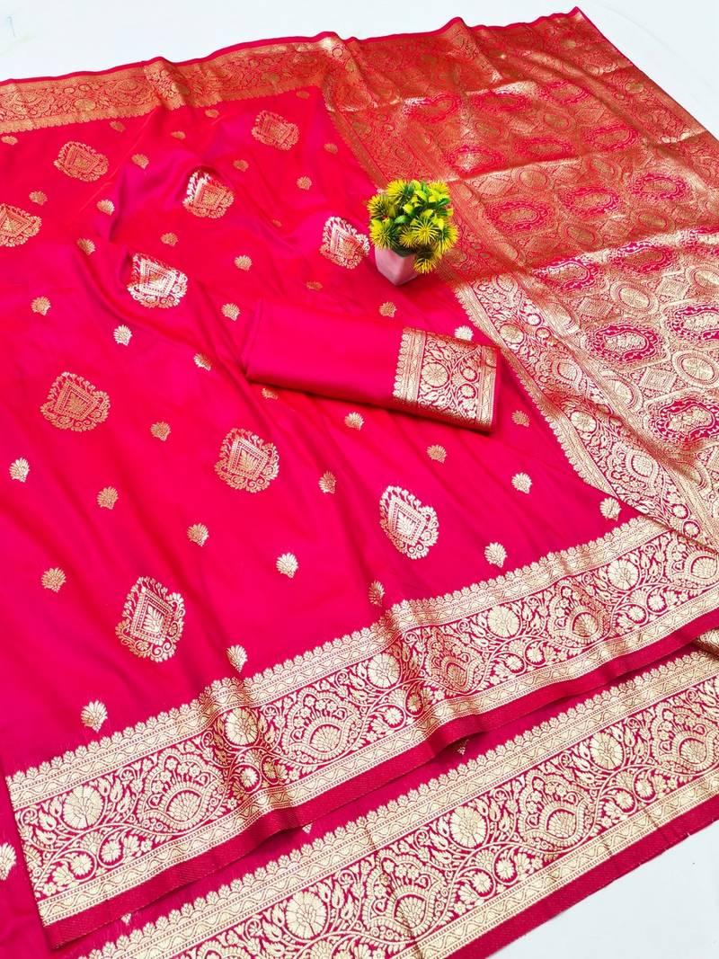 Pink zari woven banarasi silk traditional saree with blouse piece