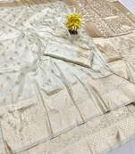 Cream zari woven banarasi silk traditional saree with blouse piece