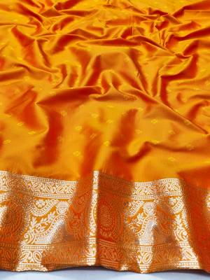 Orange zari woven silk traditional saree with blouse piece 4