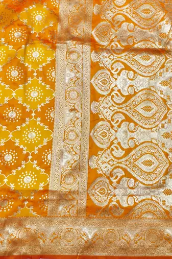 Orange zari woven silk traditional saree with blouse piece