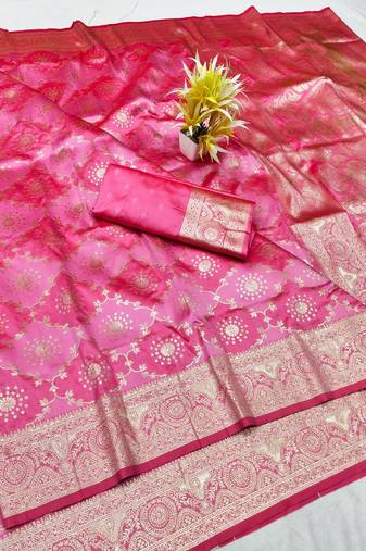 Pink zari woven banarasi silk traditional saree with blouse piece