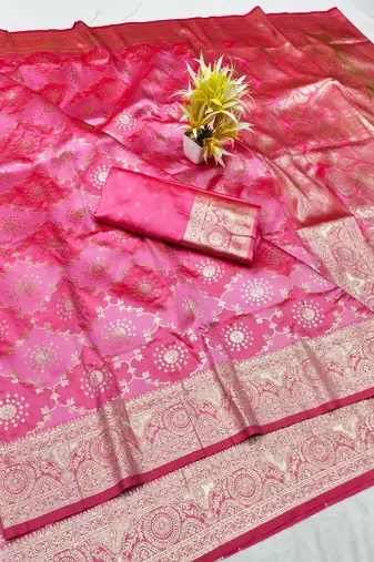 Pink zari woven silk traditional saree with blouse piece