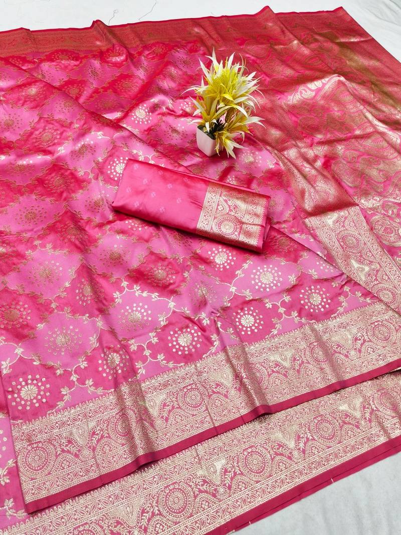 Pink zari woven banarasi silk traditional saree with blouse piece