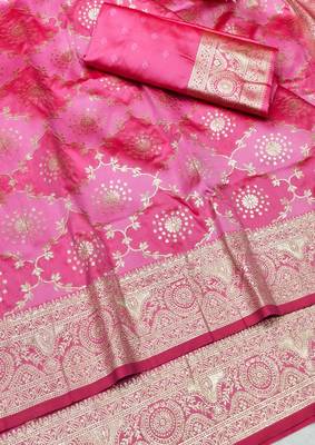 Pink zari woven silk traditional saree with blouse piece 3