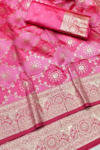 Pink zari woven silk traditional saree with blouse piece