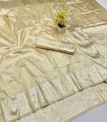 Cream zari woven banarasi silk traditional saree with blouse piece