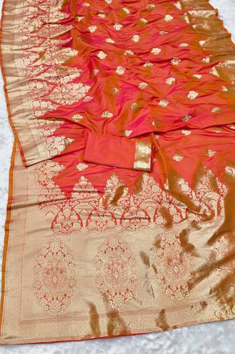Pink zari woven banarasi silk traditional saree with blouse piece