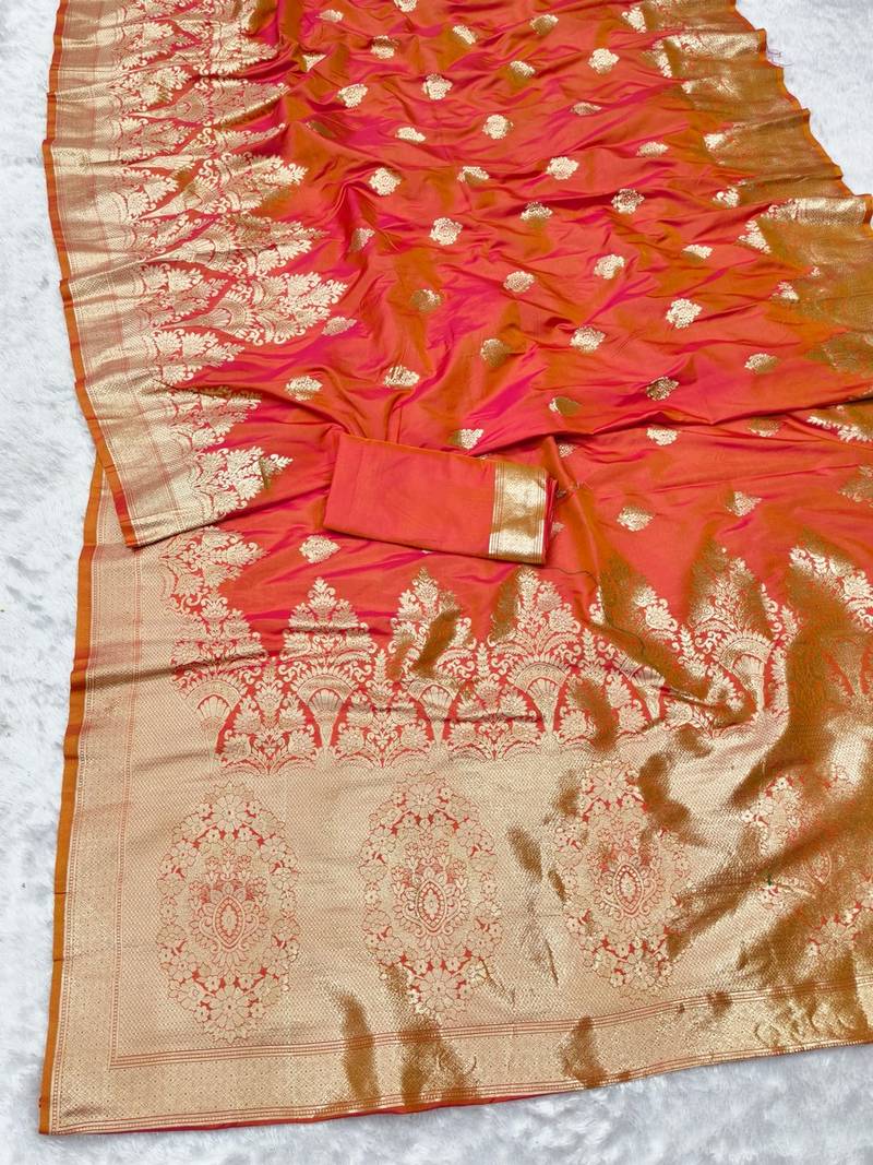 Pink zari woven banarasi silk traditional saree with blouse piece