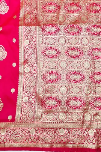Pink zari woven silk traditional saree with blouse piece