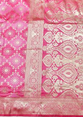 Pink zari woven silk traditional saree with blouse piece 5