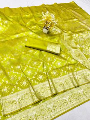 Lime zari woven banarasi silk traditional saree with blouse piece 1