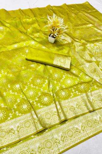 Lime zari woven banarasi silk traditional saree with blouse piece