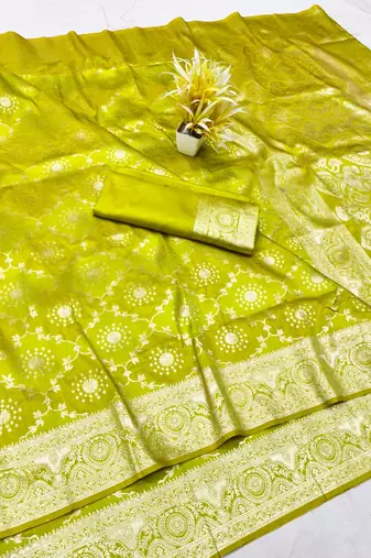 Lime zari woven banarasi silk traditional saree with blouse piece