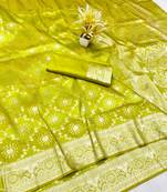 Lime zari woven banarasi silk traditional saree with blouse piece