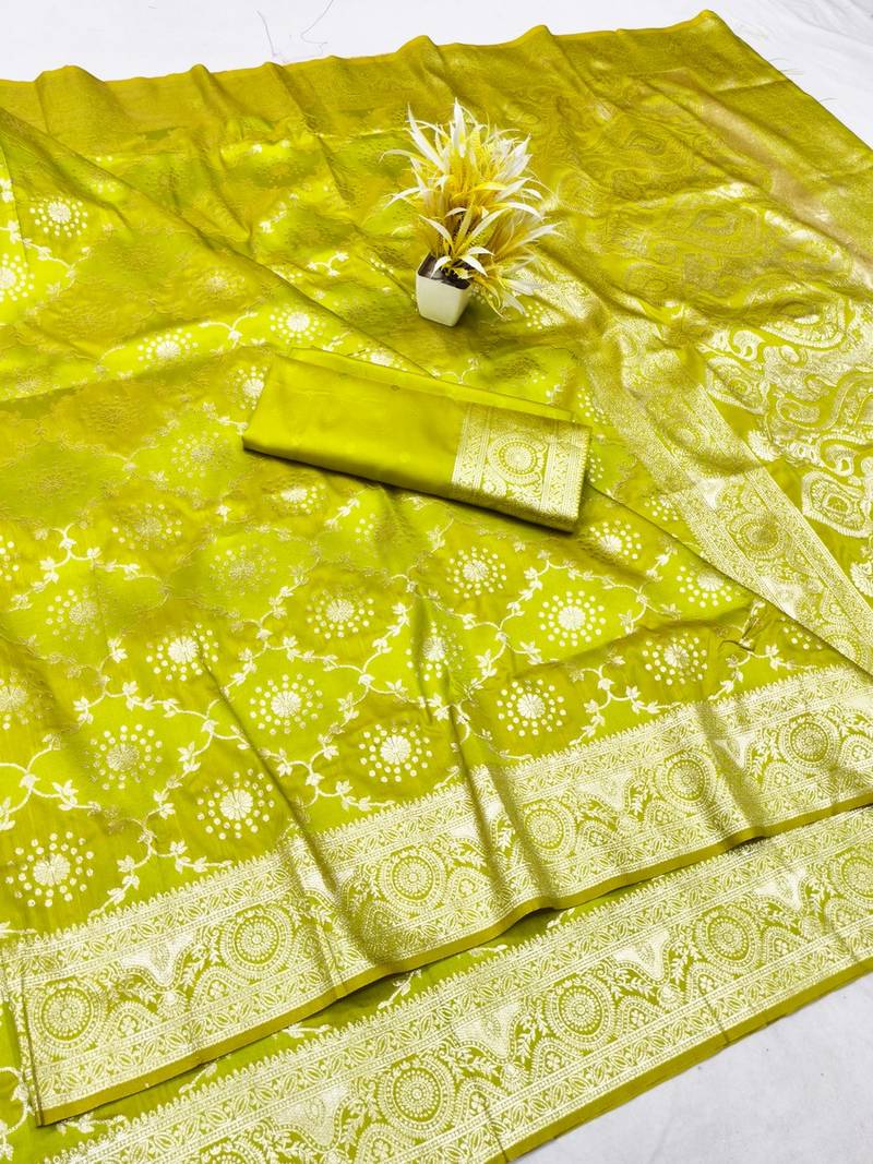 Lime zari woven banarasi silk traditional saree with blouse piece
