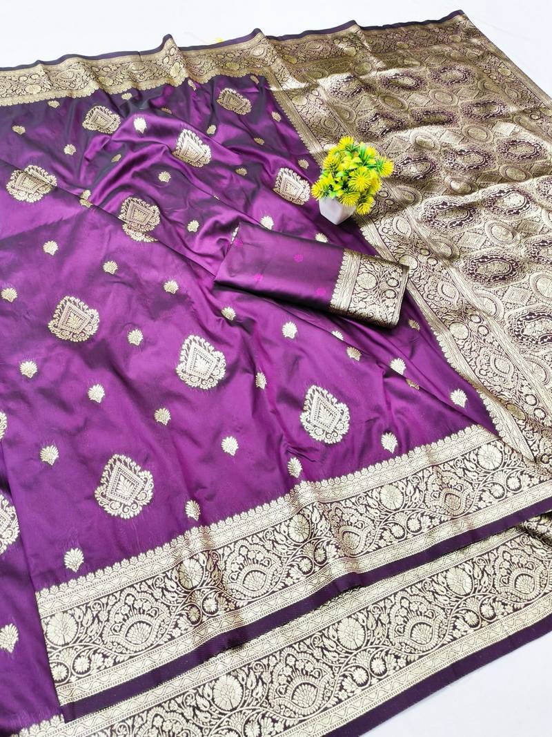 Wine zari woven banarasi silk traditional saree with blouse piece