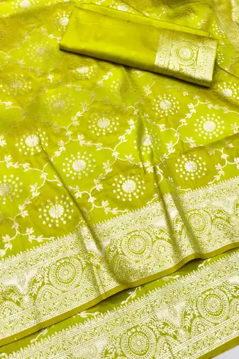 Lime zari woven banarasi silk traditional saree with blouse piece