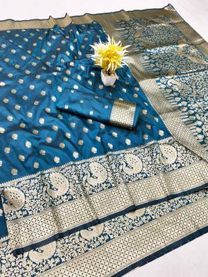 Dark blue zari woven silk traditional saree with blouse piece 1