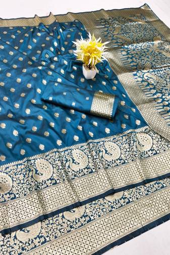 Dark blue zari woven banarasi silk traditional saree with blouse piece
